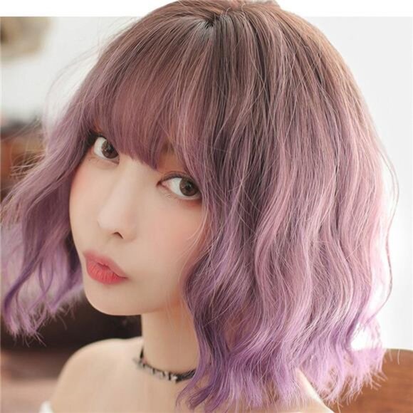 Ombre Color Natural Wavy Bob Wig With Air Bangs Short Bob Wigs Women's Curly - Picture 2 of 8
